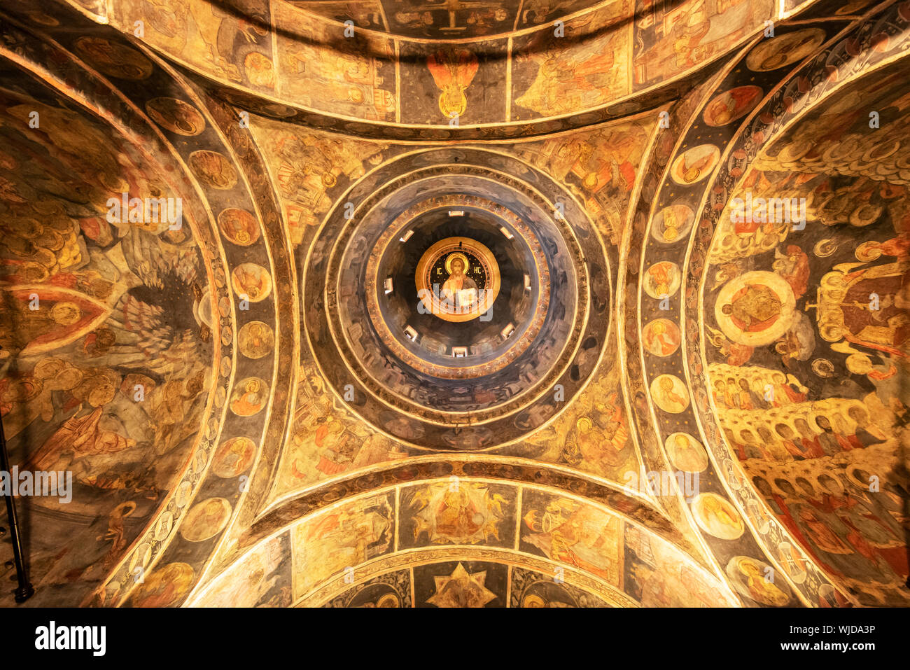 Frescoes in the interior of Stavropoleos Monastery Church, an Eastern Orthodox monastery for nuns in the old town of Bucharest. Romania Stock Photo