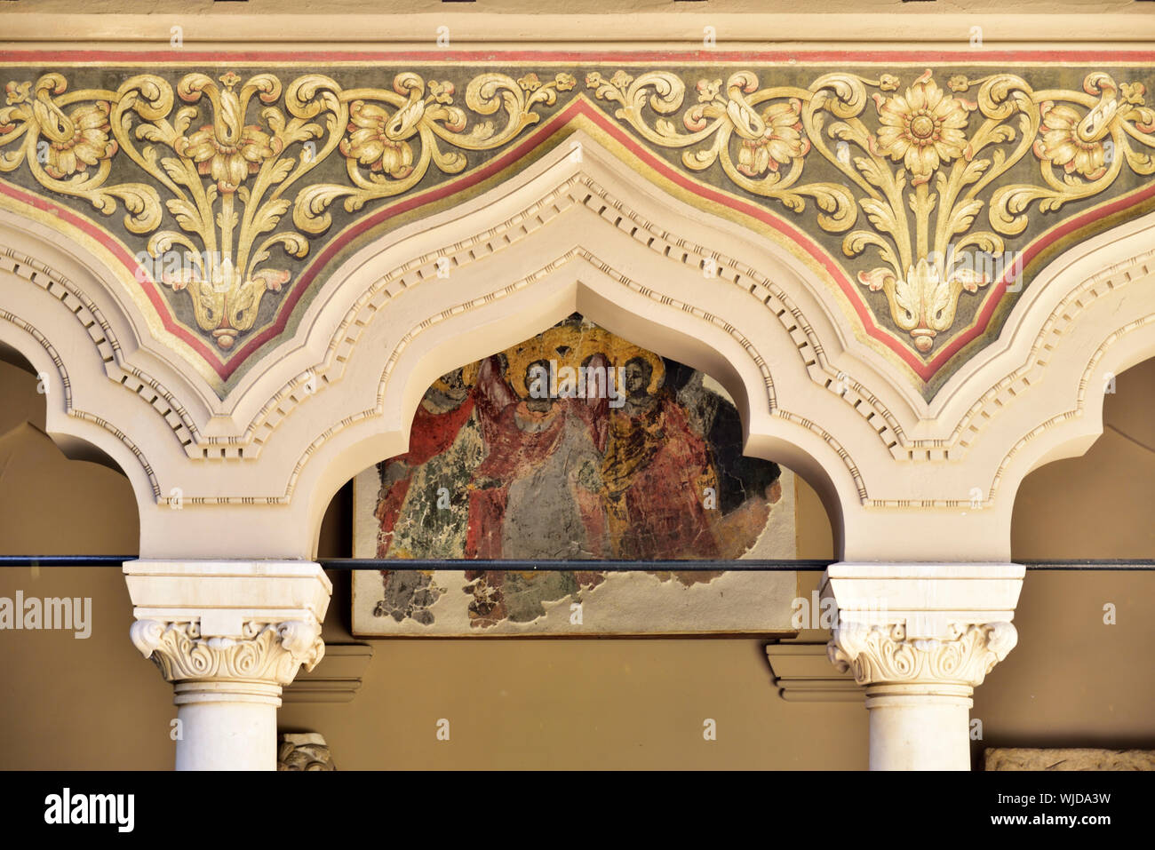Detail of Stavropoleos Monastery Church, an Eastern Orthodox monastery for nuns in the old town of Bucharest. Romania Stock Photo