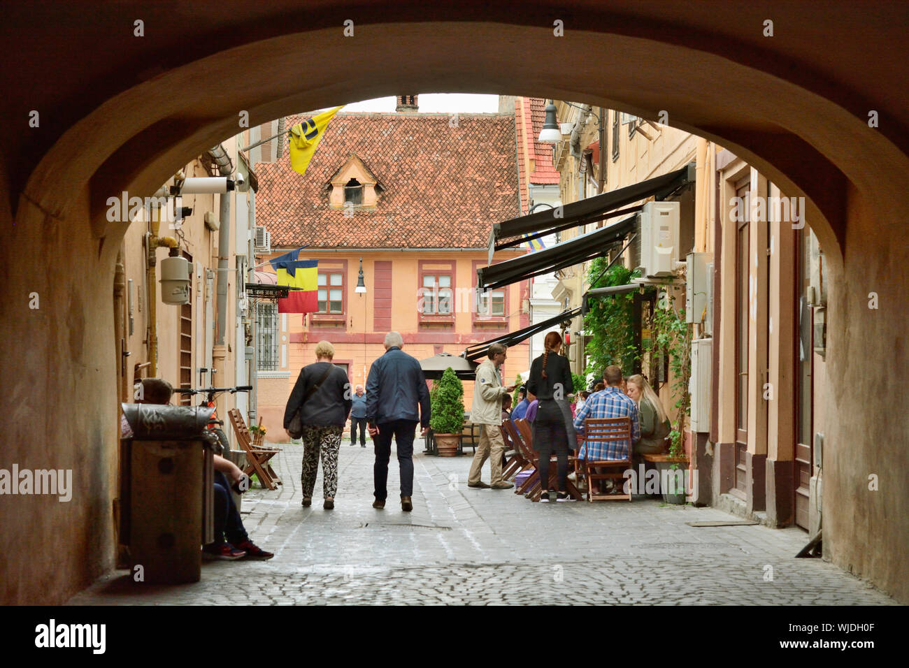 Medieval street in the old town. Brasov, Romania Stock Photo