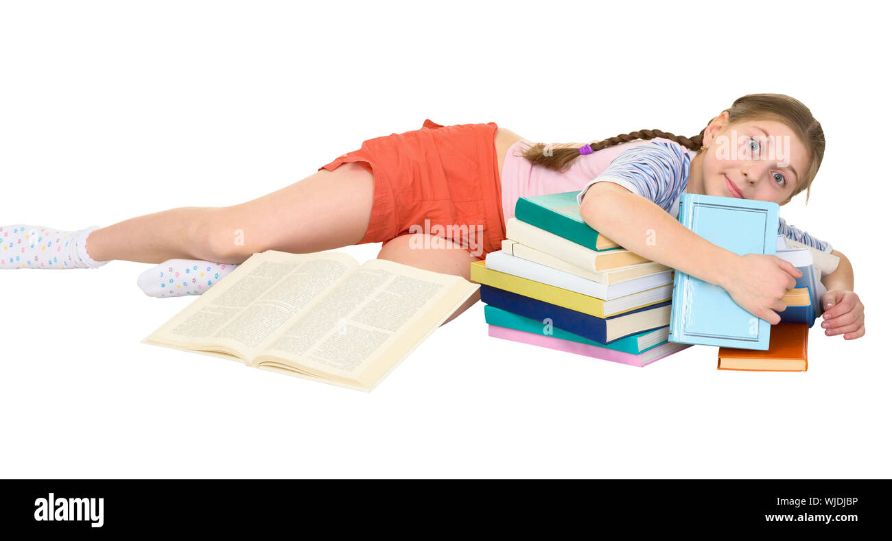 Girl and books on the white background Stock Photo - Alamy