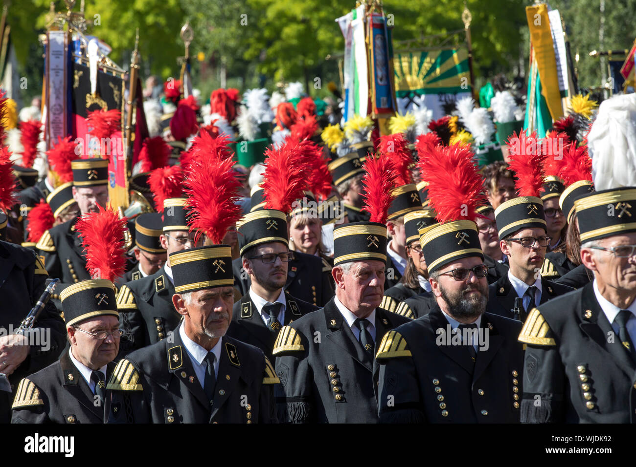 Participants at the 13th German Miners', Metallurgists' and Miners' Day in Essen, on the grounds of the World Heritage Site Zeche Zollverein colliery, Stock Photo