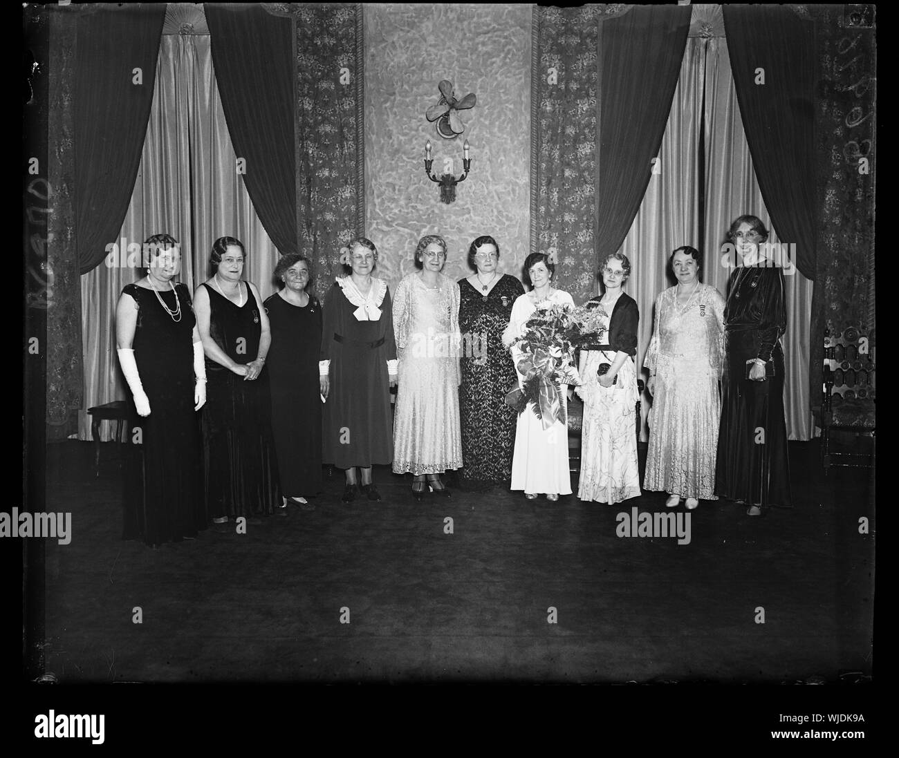 Have led Spanish War auxiliary. Left to right: Mamie B. Schmidt (Ga.), 1933-34; Florence M. Clark (Ohio), 1923-24; Minnie R. Lenhart (Pa.), 1919-20; Violet B. King (Ill.), 1918-19; Elizabeth M. Hartung (Ohio), 1917-18; Olive M. Ravens (Mich.), 1928-29, National Secretary; Anna Nagle (Mass.), National President; Marie C. Williams (Ind.), 1925- 26, National Treasurer; Edyth H. Bird (Ohio), 1930-31; Florence H. Becker (Ky), 1931-32 Stock Photo