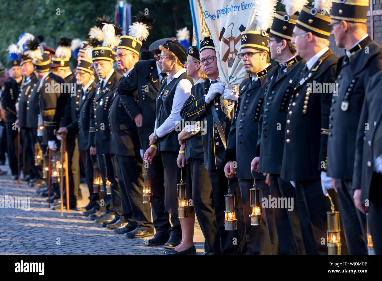 Participants at the 13th German Miners', Metallurgists' and Miners' Day in Essen, on the site of the World Heritage Zollverein colliery, miner's tatto Stock Photo