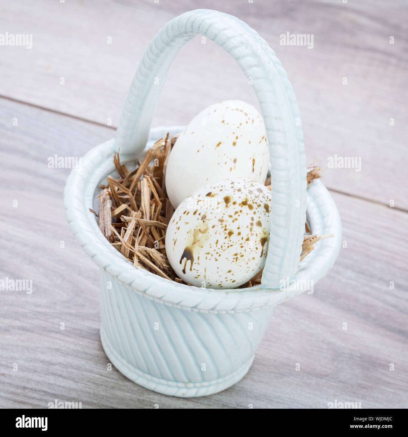 Three natural blue Easter eggs in a basket Stock Photo - Alamy
