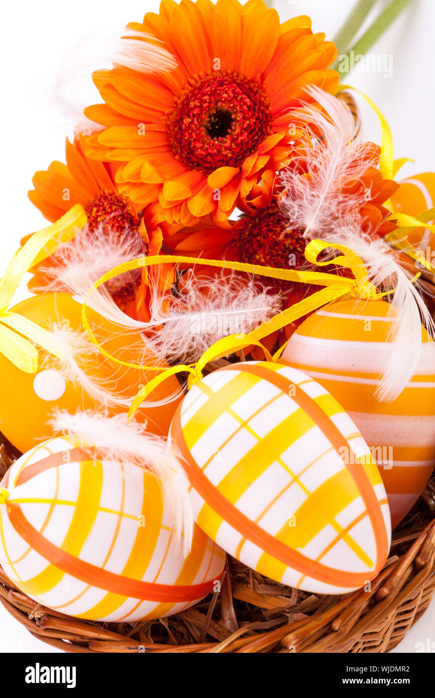 Colourful yellow decorated Easter eggs Stock Photo