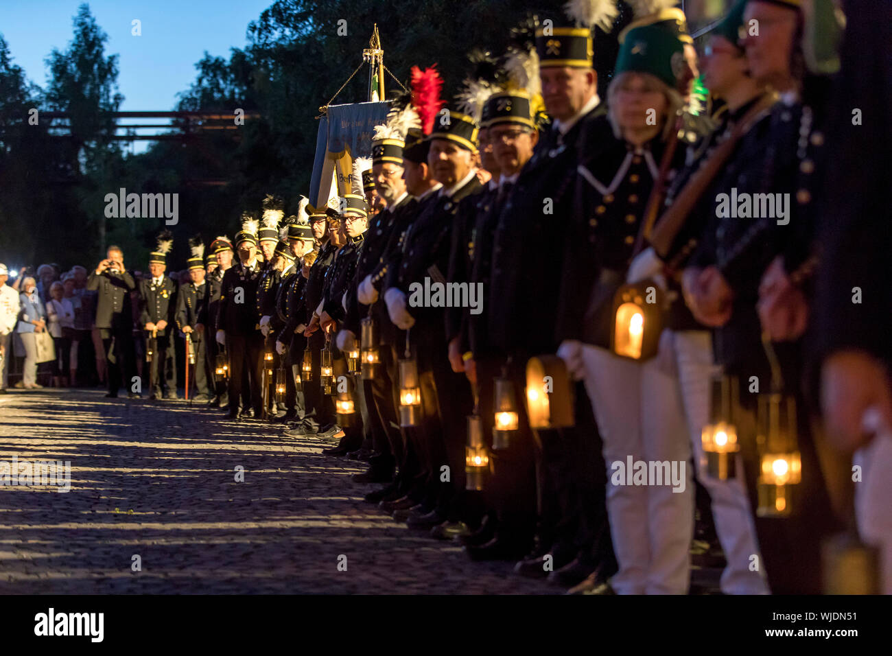 Participants at the 13th German Miners', Metallurgists' and Miners' Day in Essen, on the site of the World Heritage Zollverein colliery, miner's tatto Stock Photo