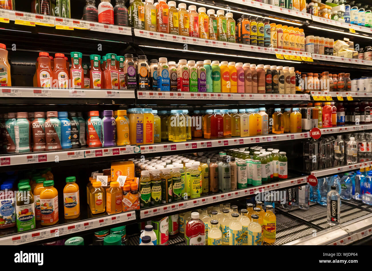 A cooler in a supermarket in New York offers juices, protein shakes, teas water, and almost every other conceivable drink, seen on Thursday, August 22, 2019. (© Richard B. Levine) Stock Photo