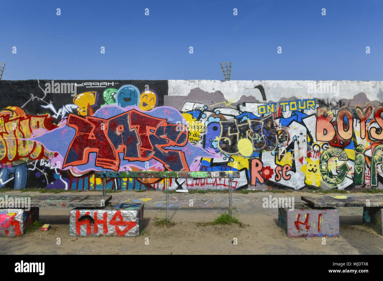 Berlin, brightly, Germany, colour, colourfully, sprayed, graffiti, Graffitis, art, wall park, Pankow, Prenzlauer mountain, material damage, material d Stock Photo
