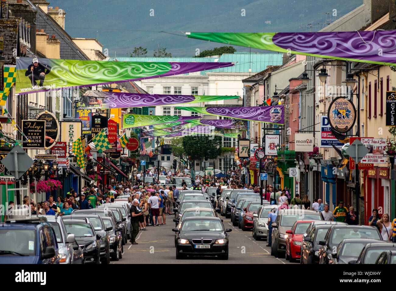 Killarney High Street packed with cars and people on a matchday in Killarney, County Kerry, Ireland Stock Photo