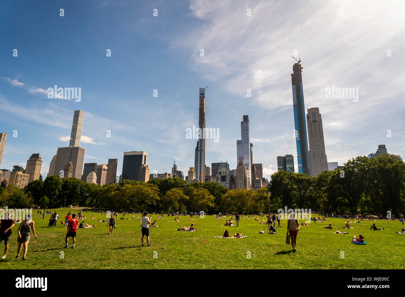 Billionaire’s Row, a collection of super-tall residences for the uber-rich mostly on West 57th Street, from the Sheep Meadow in Central Park on Saturday, August 31, 2019. (© Richard B. Levine) Stock Photo