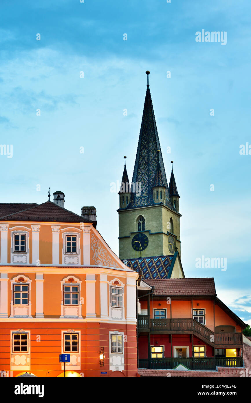 The Lutheran Cathedral of Saint Mary at dusk. Sibiu, Transylvania. Romania Stock Photo