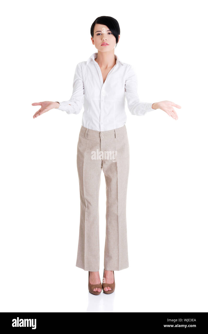 Beautiful business woman showing copy space , isolated on white Stock ...