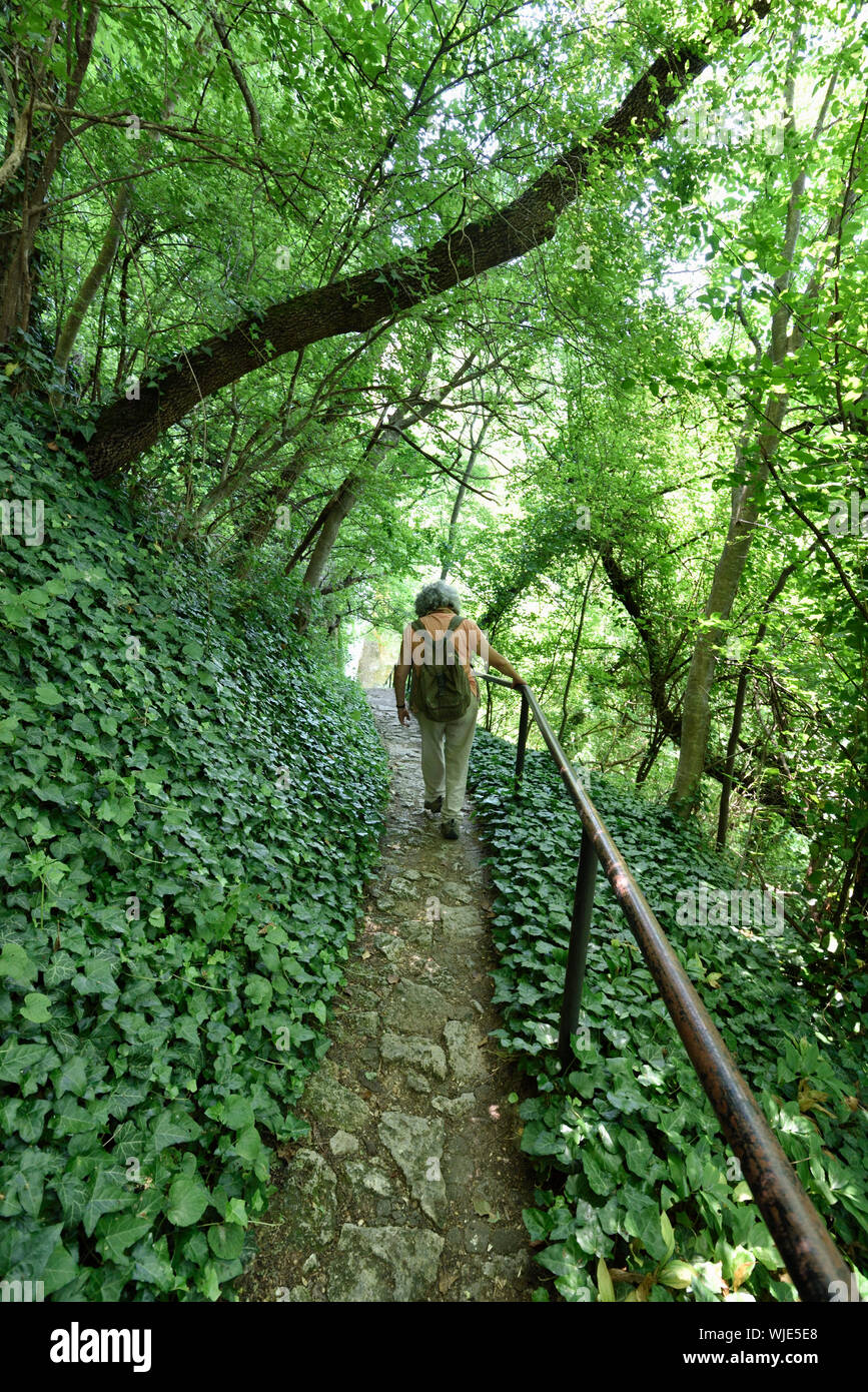 Walking trail to the rock-hewn Ivanovo Monastery, a Bulgarian-orthodox cave monastery dating back to the 13th century.  A UNESCO World Heritage Site. Stock Photo
