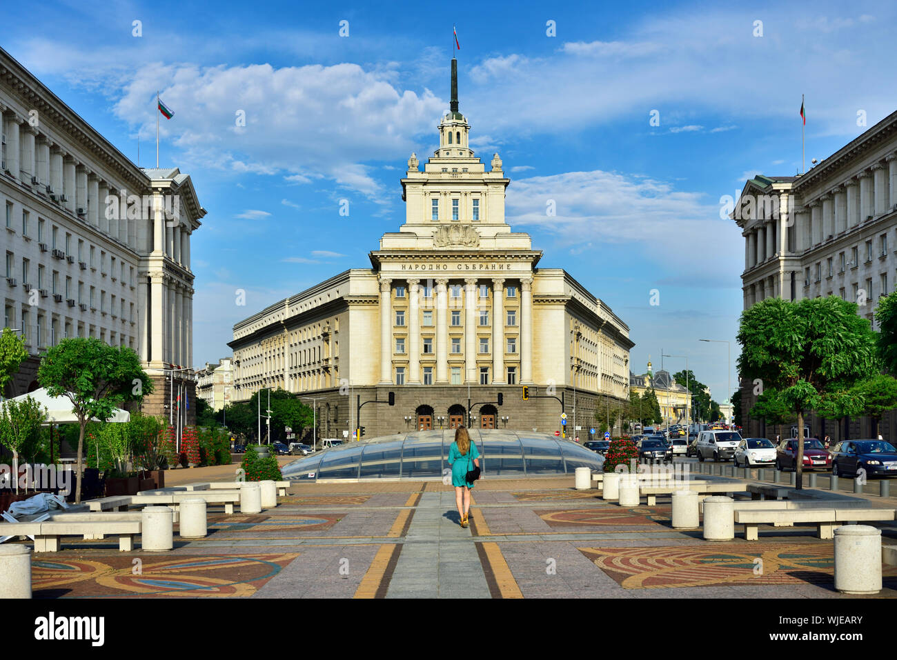 The building of the former Communist Party Headquarters and the glass cover of the ruins of Serdica, Sofia, Bulgaria Stock Photo