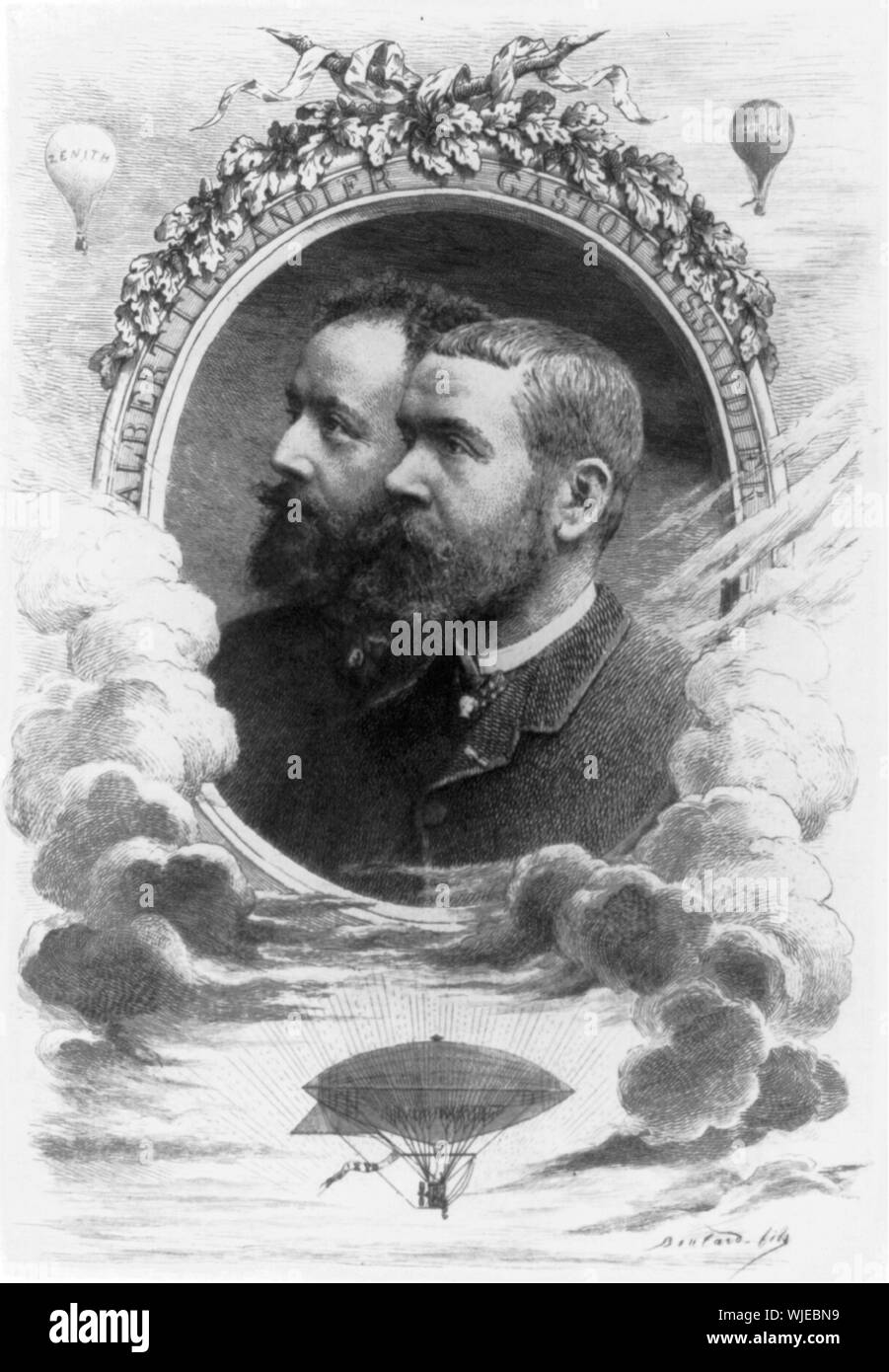 Head-and-shoulders portrait of French balloonists Albert Tissandier (left) and Gaston Tissandier (right) inside an oval, with vignettes above of balloons Zenith and Jean Bart and an airship below Stock Photo