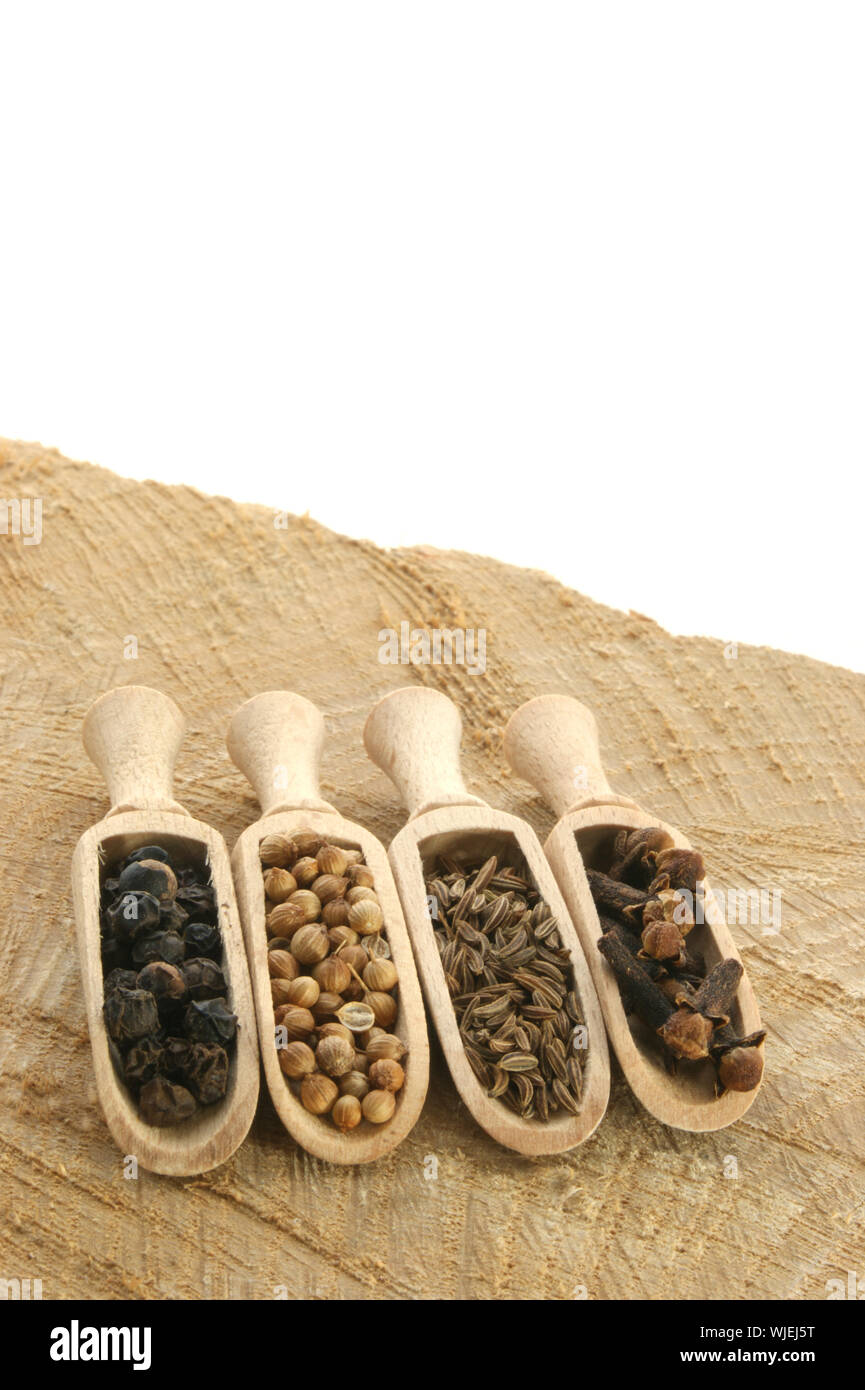 four spices, pepper, coriander, cloves and caraway seed Stock Photo Alamy