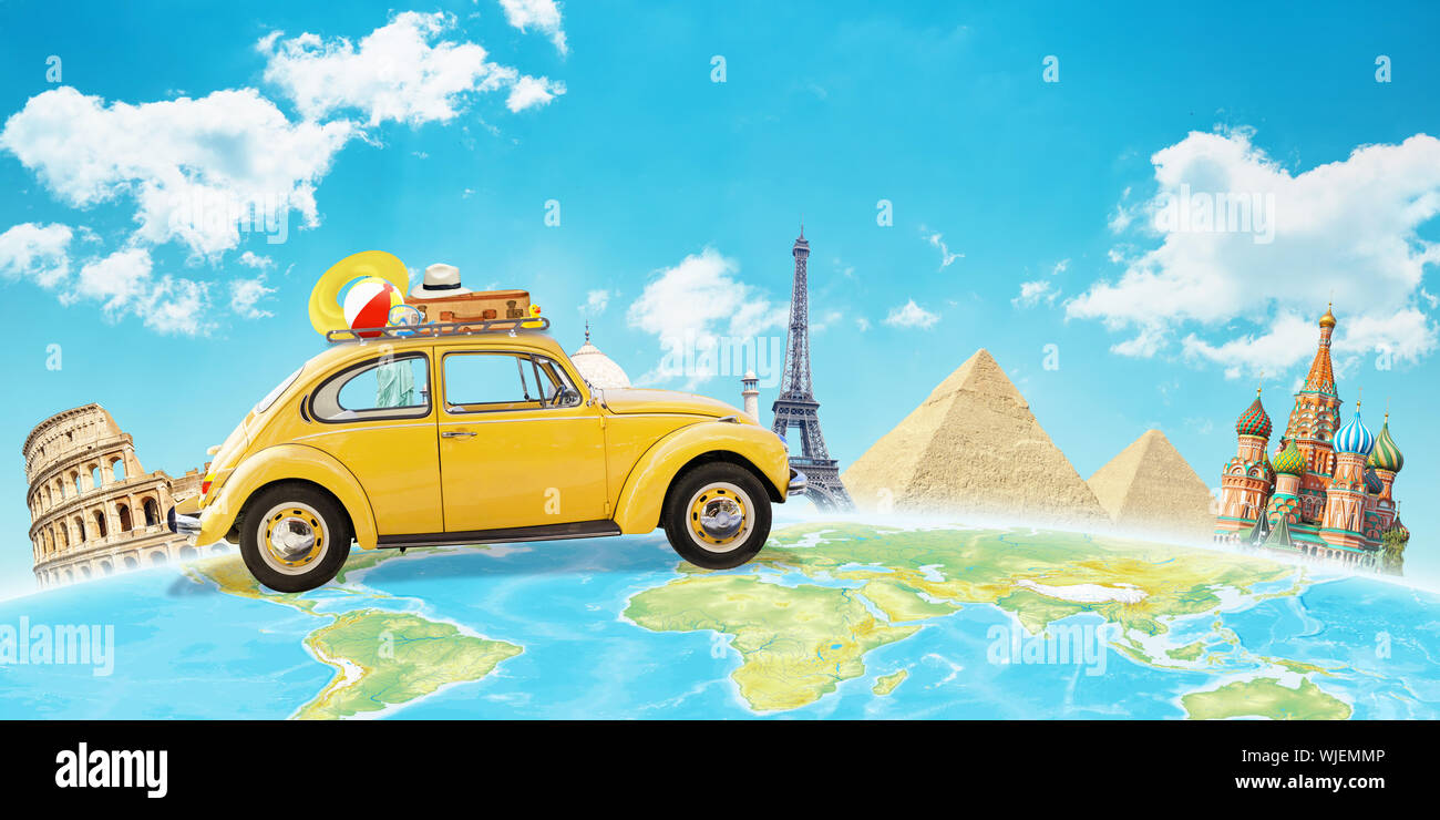 Yellow car travel across the world. Concept of travel and vacation around the world. World famous buildings in background. Stock Photo