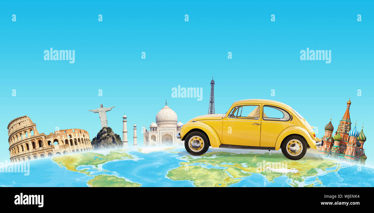 Travel by car to world famous destinations concept. Free space above for text. Stock Photo