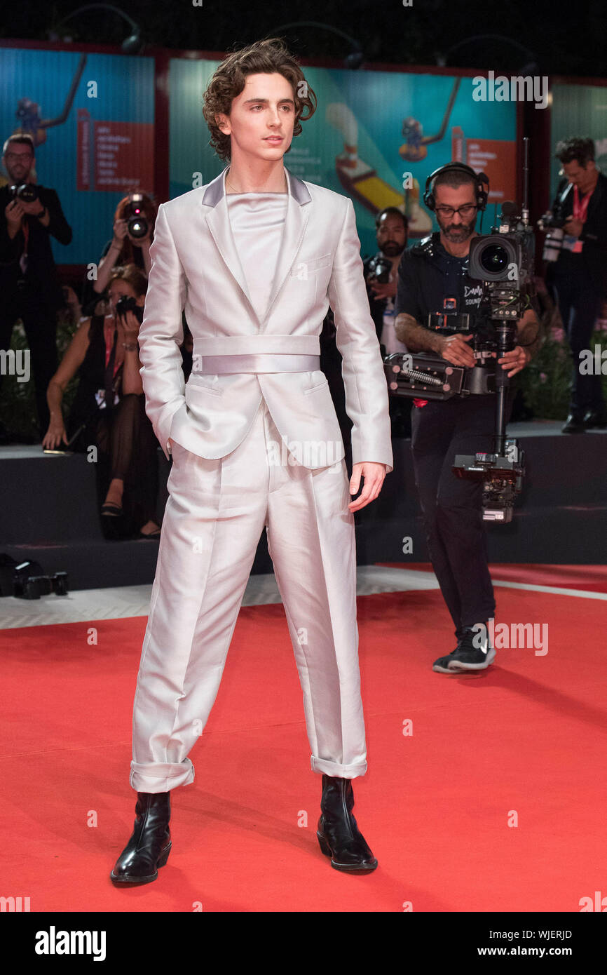 VENICE, ITALY - 02nd September, 2019. Timothée Chalamet attends the red  carpet for the World Premiere of The King during the 76th Venice Film  Festival at Palazzo del Cinema on September 02