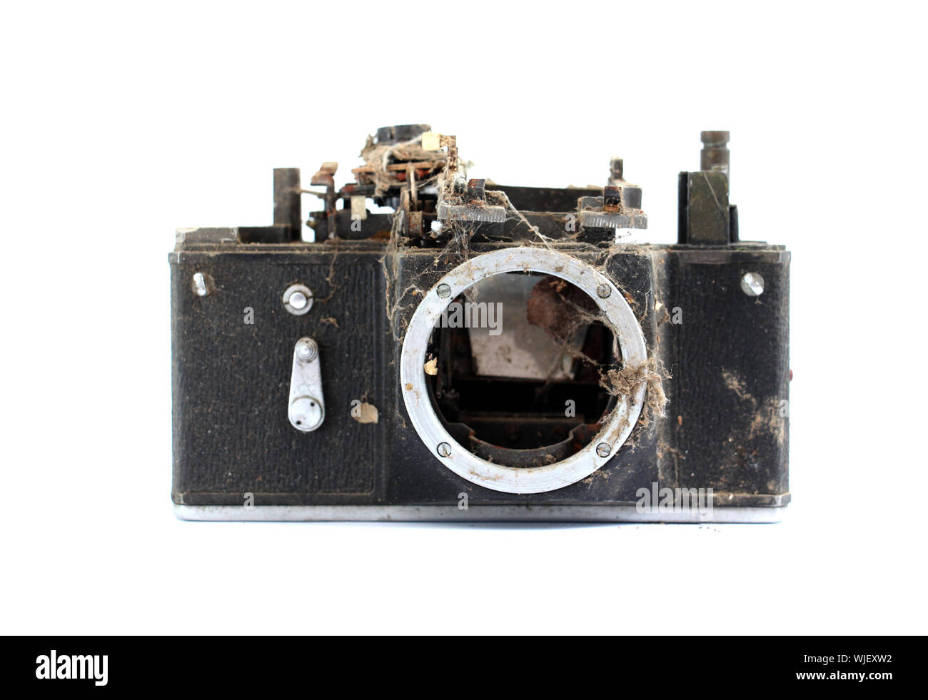 Close-up Of Old Camera Against White Background Stock Photo