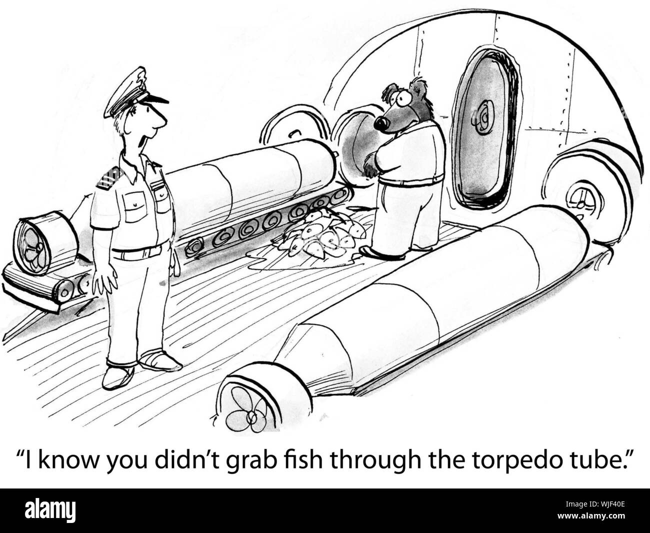 'I know you didn't grab fish through the torpedo tube.' Stock Photo