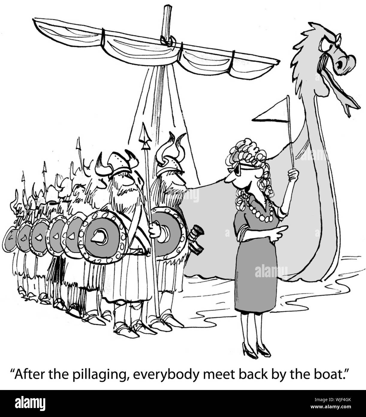 'After the pillaging, everybody meet back by the boat.' Stock Photo