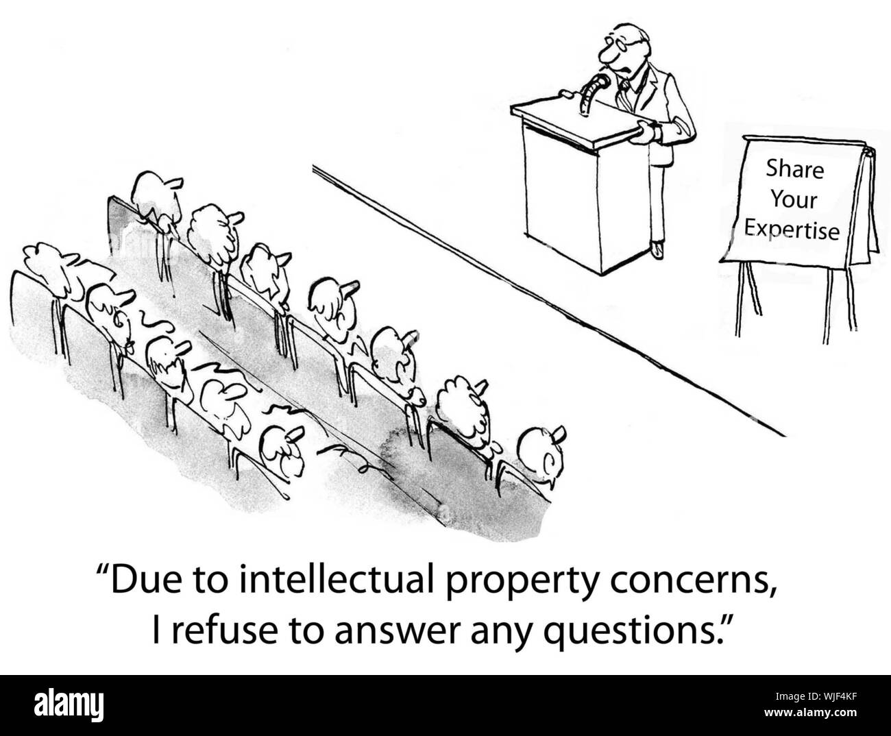 'Due to intellectual property concerns, I refuse to answer any questions.' Stock Photo