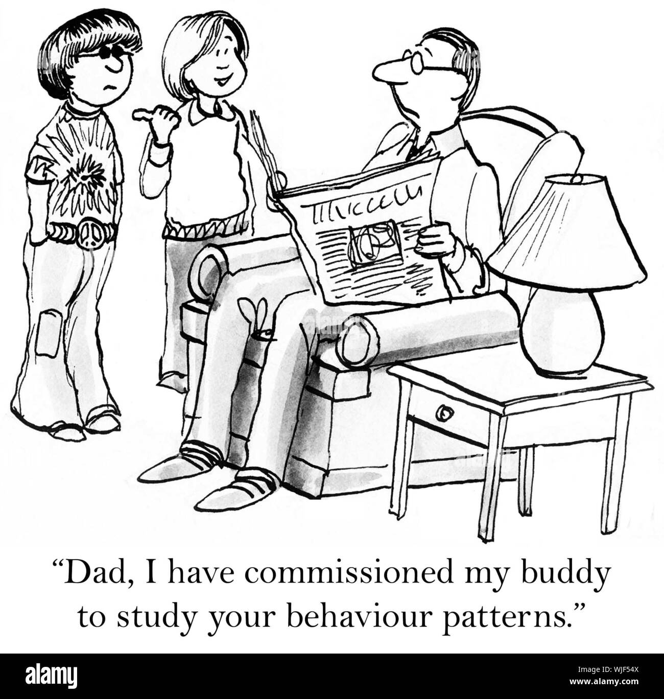 'Dad, I have commissioned my buddy to study your behaviour patterns.' Stock Photo