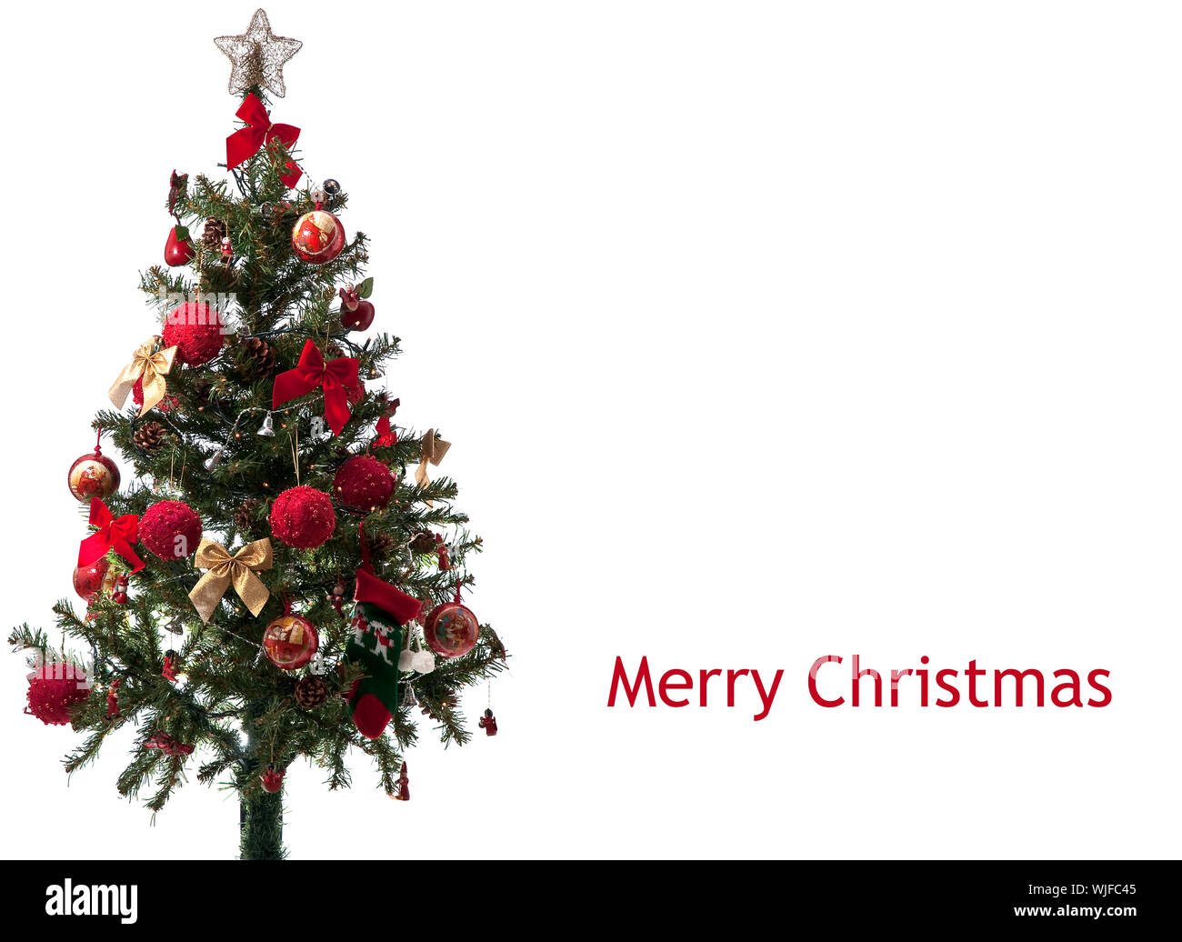 Christmas tree isolated from the white background with Merry ...