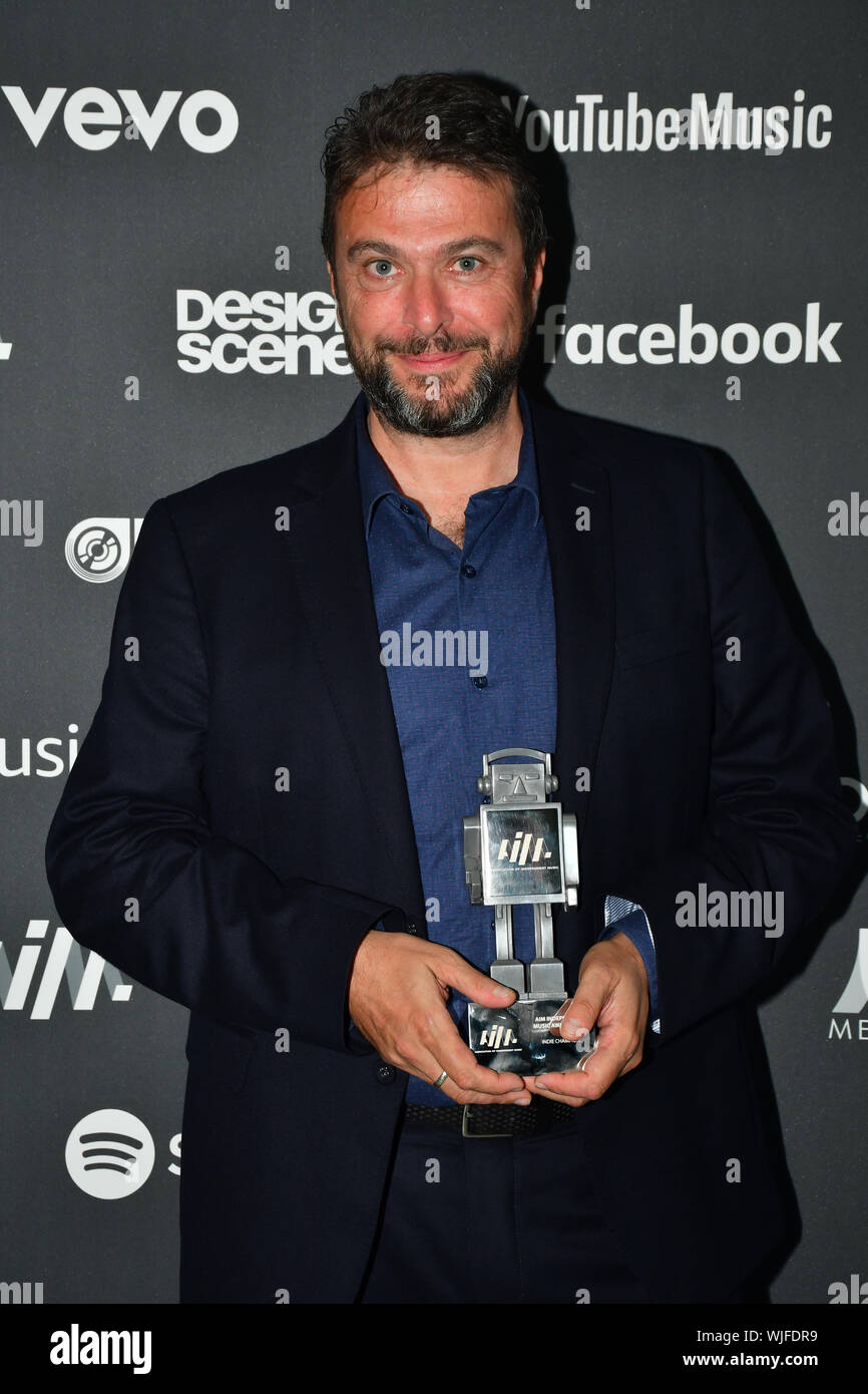 London, UK. 03rd Sep, 2019. Charles Caldas receive awards at AIM Independent Music Awards at the Roundhouse on 3 September 2019, Camden Town, London, UK. Credit: Picture Capital/Alamy Live News Stock Photo