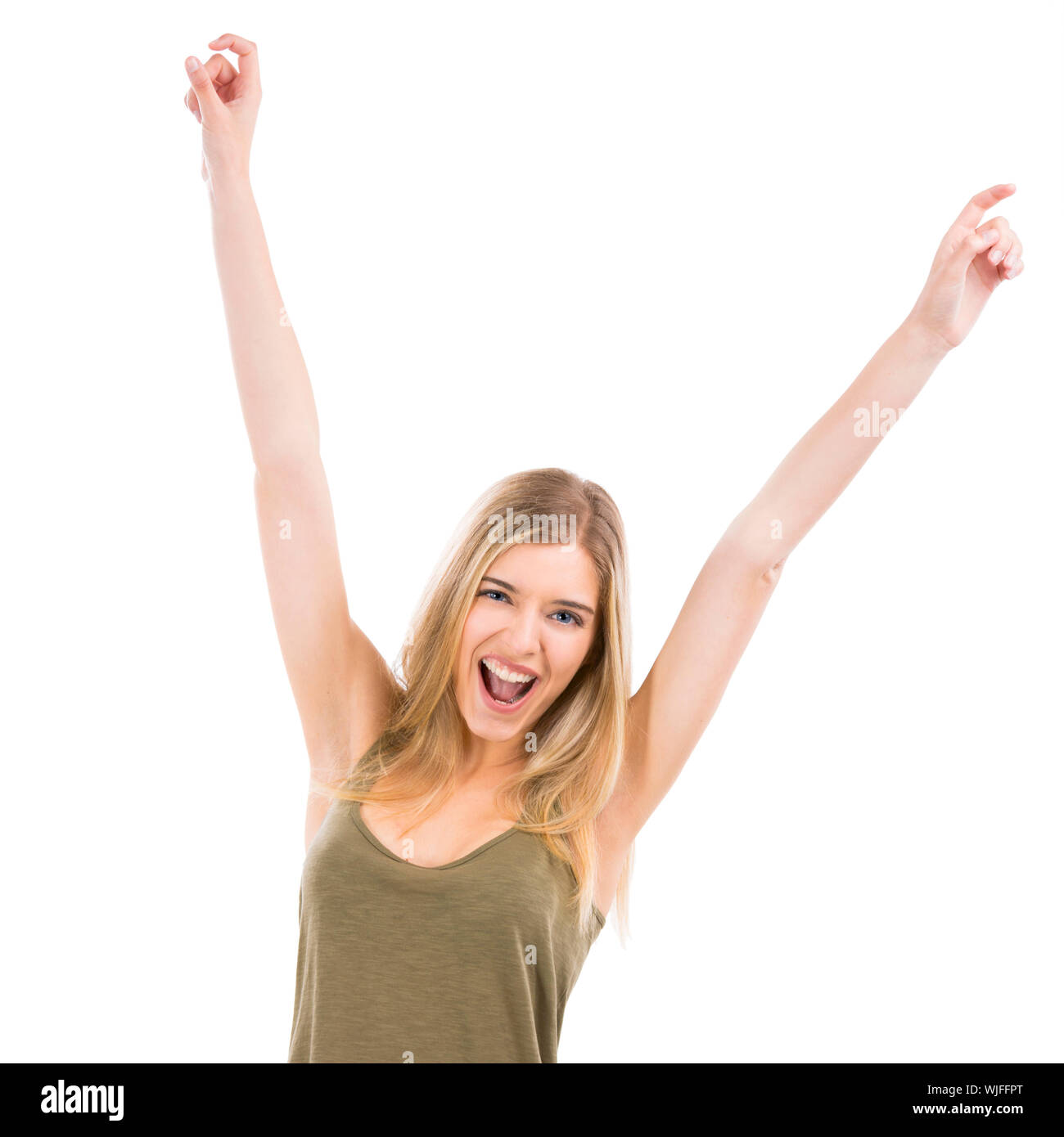 A Beautiful Blonde Woman Really Happy With Both Arms On The Air