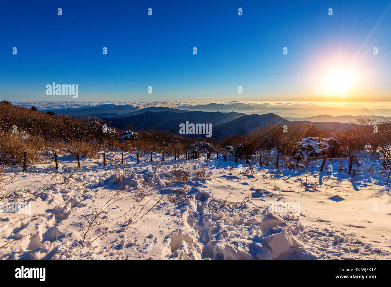 Scenic View Of Frozen Landscape Against Clear Sky During Winter Stock Photo