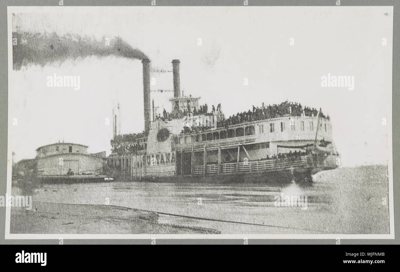 Helena, Arkansas. April 26, 1865. Ill-fated Sultana Abstract: Photograph shows the overloaded steamboat Sultana on the Mississippi River the day before her boilers exploded and she sank on April 27th. The passengers included ca. 1,880 Union soldiers heading home at the end of the Civil War; more than 1,100 of these men died in the disaster. Stock Photo