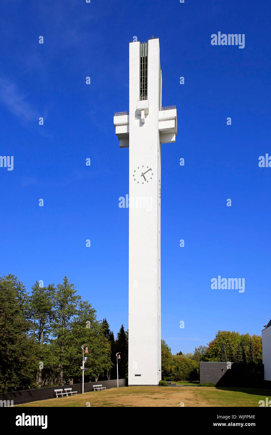 The 65 meters high cross-shaped bell tower of Lakeuden Risti church designed by Alvar Aalto. Built 1957–1960. Seinajoki, Finland. August 10, 2019. Stock Photo