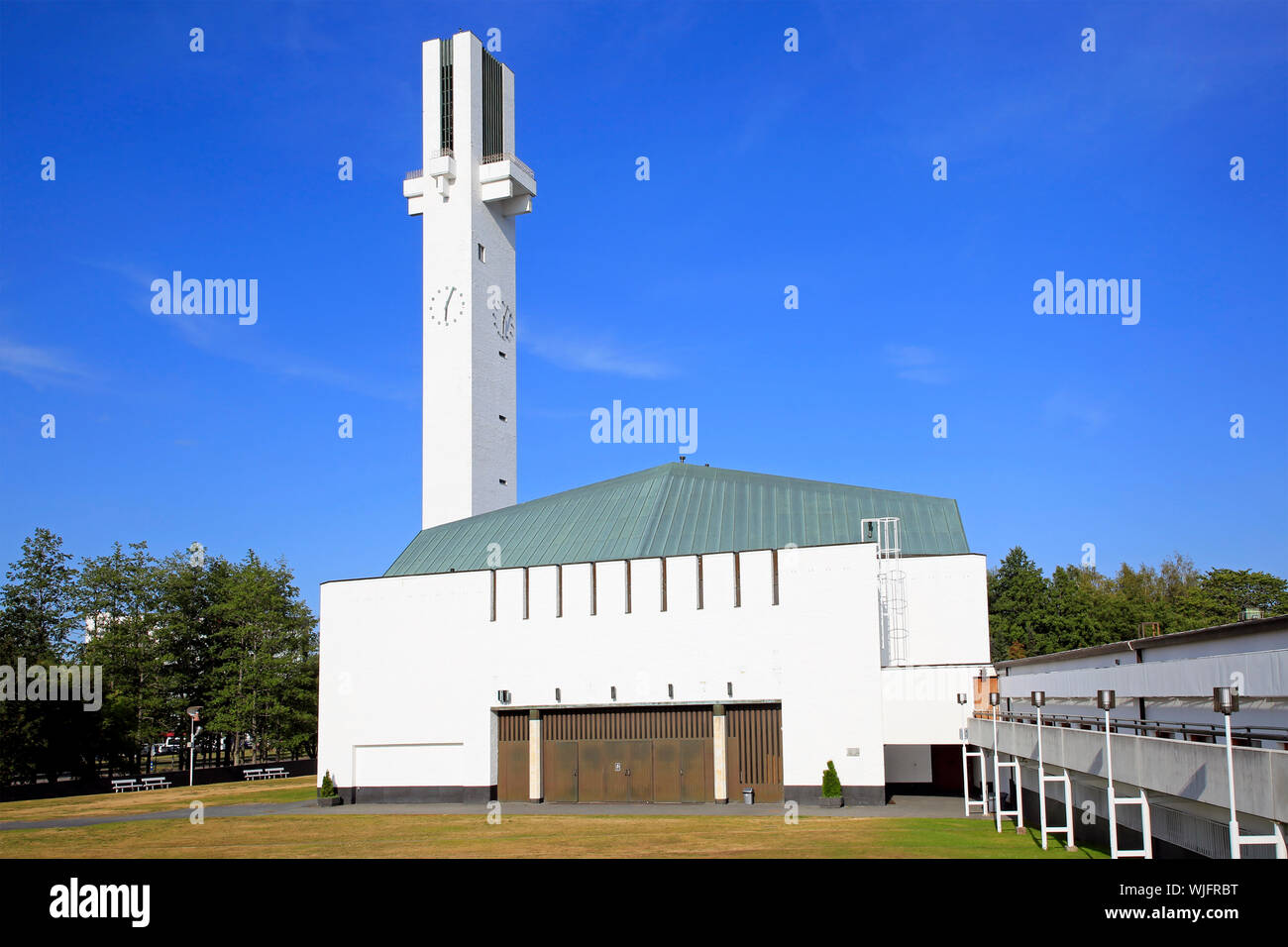 Lakeuden Risti church and 65 meters high cross-shaped bell tower designed by Alvar Aalto. Built 1957–1960. Seinajoki, Finland. August 10, 2019. Stock Photo