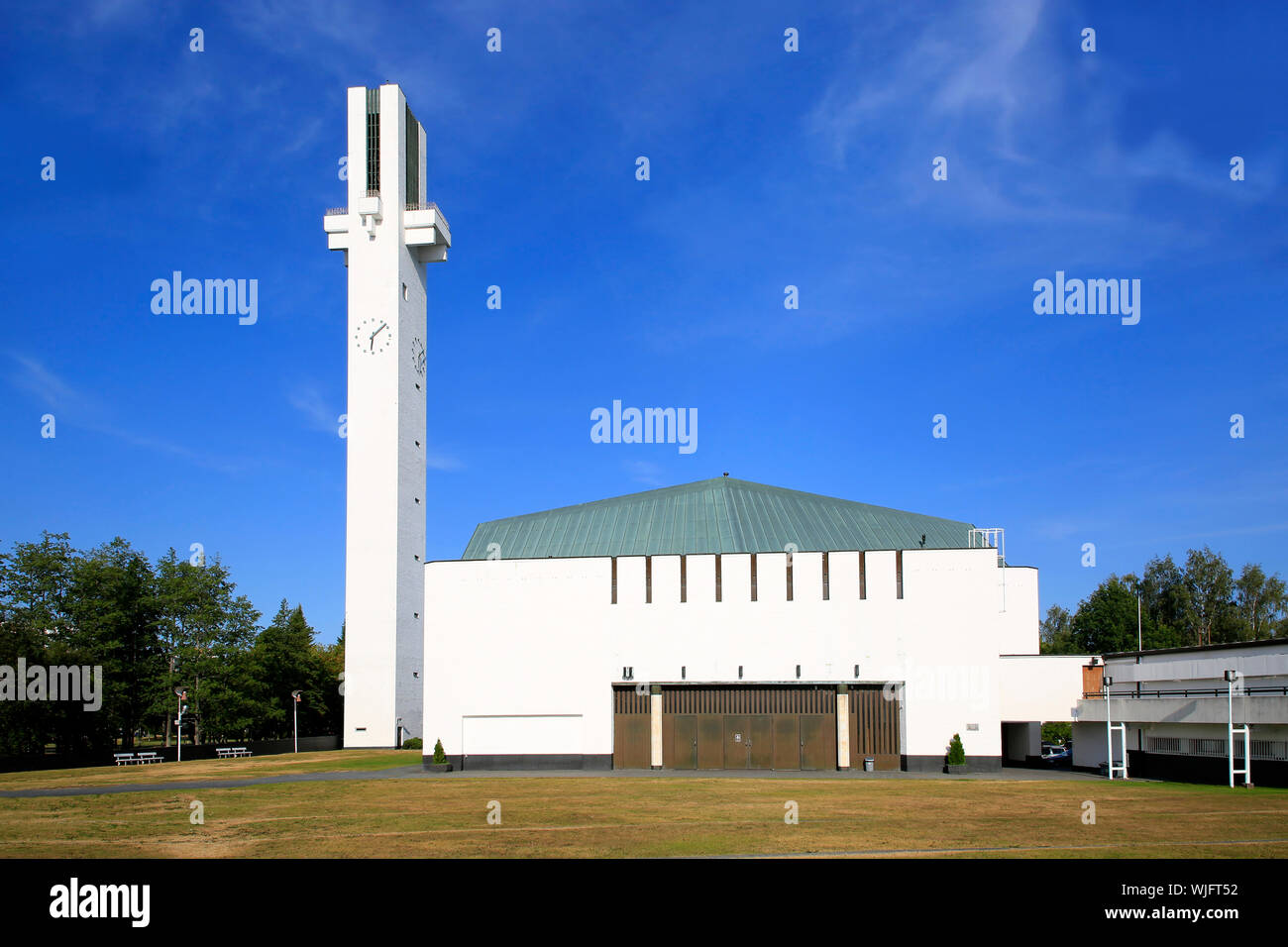 Lakeuden Risti church and 65 meters high cross-shaped bell tower designed by Alvar Aalto. Built 1957–1960. Seinajoki, Finland. August 10, 2019. Stock Photo