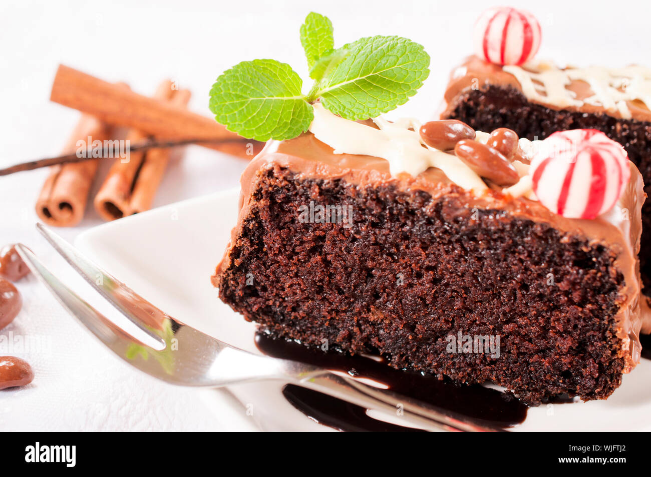 Selective focus in the middle of slice of chocolate cake Stock Photo ...