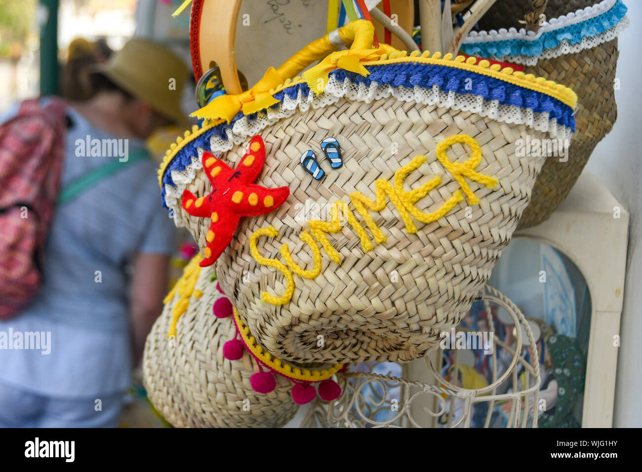 ISLE OF CAPRI, ITALY - AUGUST 2019: Souvenir bag on display outside a ...