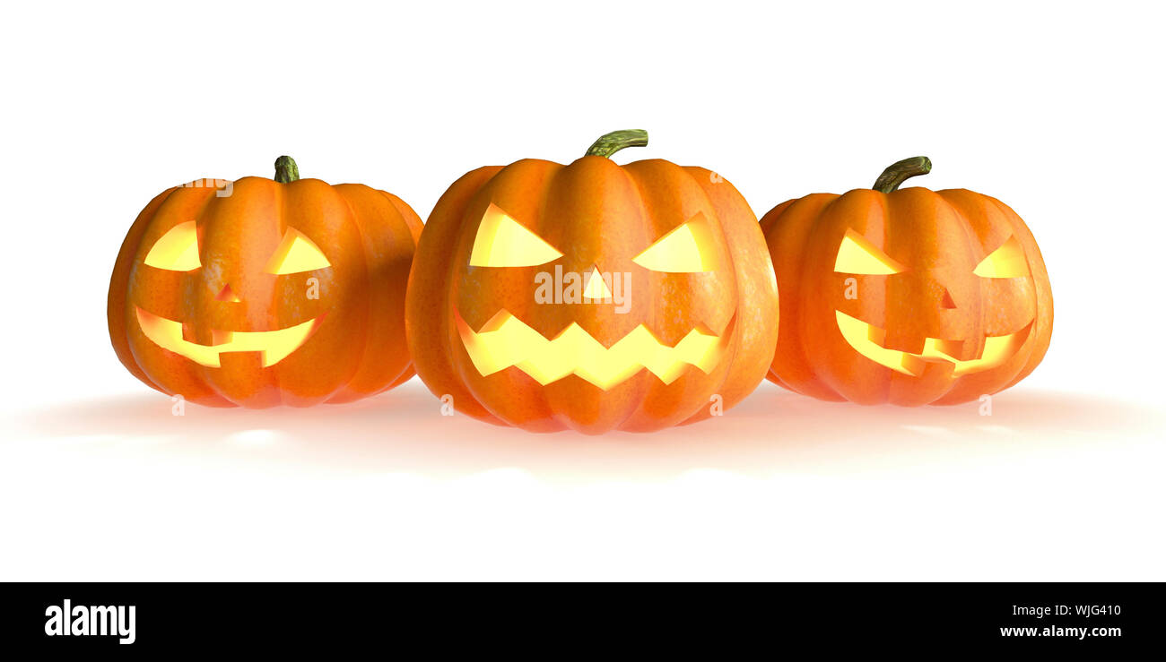 Three Halloween pumpkins head jack lantern isolated on white background. 3D Rendering illustration Stock Photo