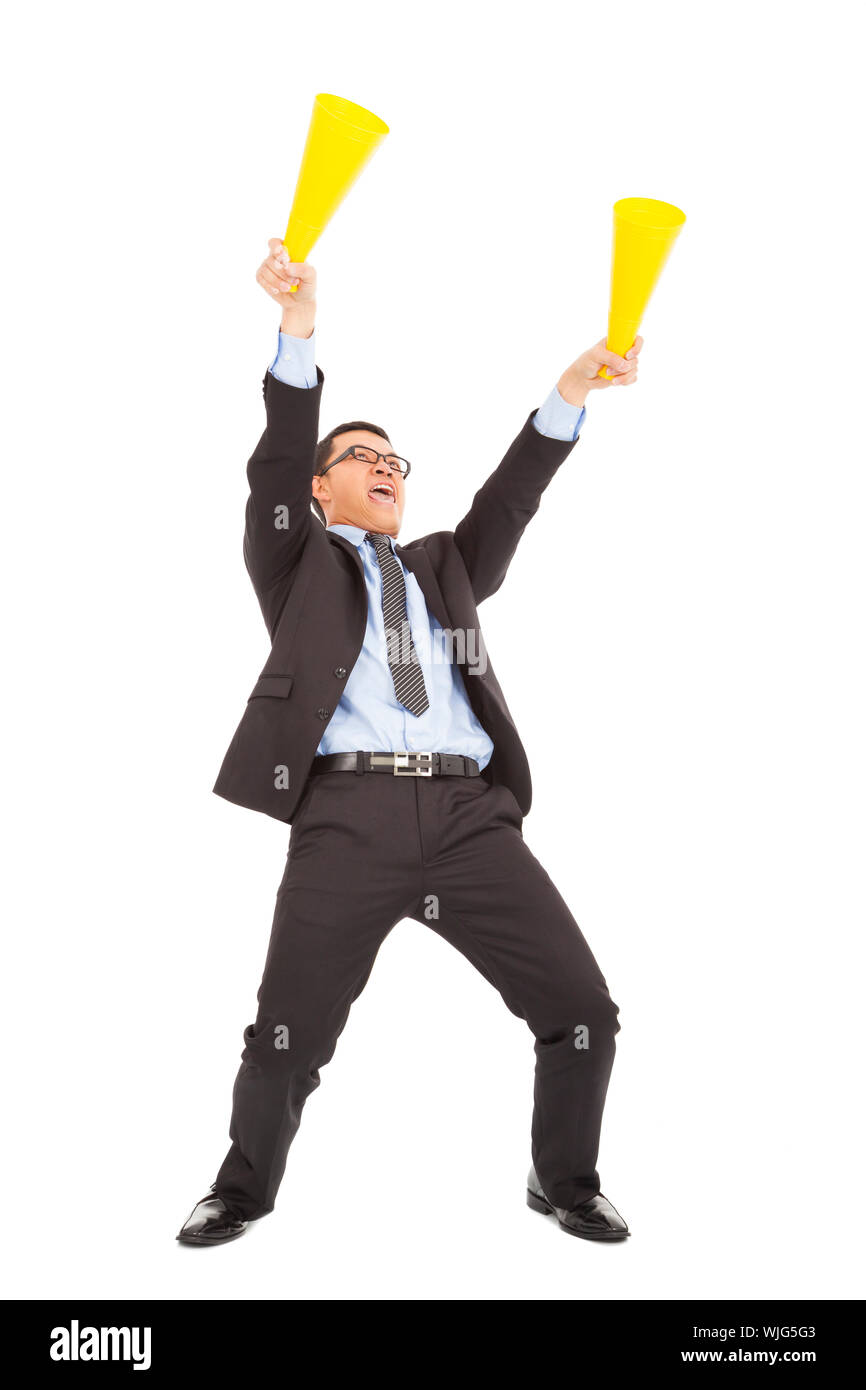 Businessman  encouraging and inspiring with cheering megaphone Stock Photo