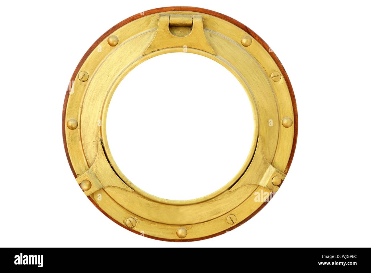 Round golden brass boat porthole window isolated on white Stock Photo