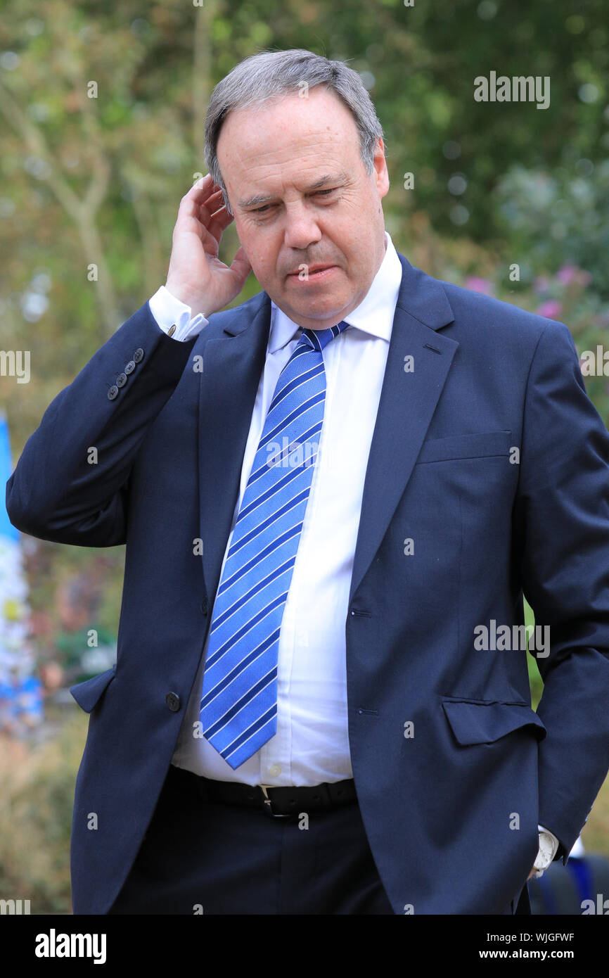 Westminster, London, 03rd Sep 2019. Nigel Dodds, MP, DUP. Politicians are being interviewed on College Green in a 'media city' closed off area opposite Parliament. Credit: Imageplotter/Alamy Live News Stock Photo
