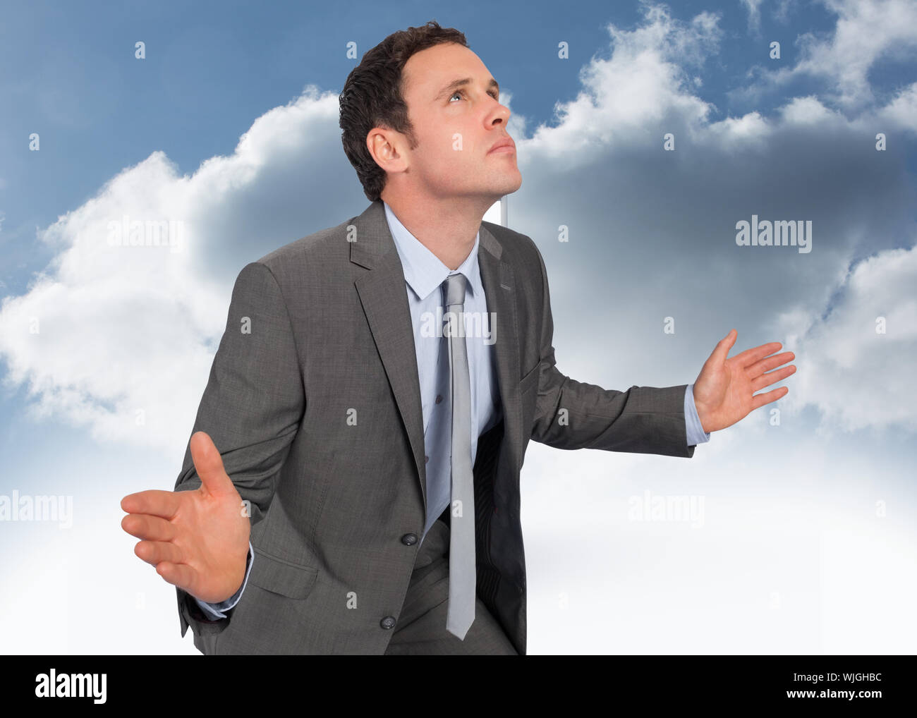 Businessman Posing With Hands Out Against Open Door At Top Of Stairs In The Sky Stock Photo Alamy