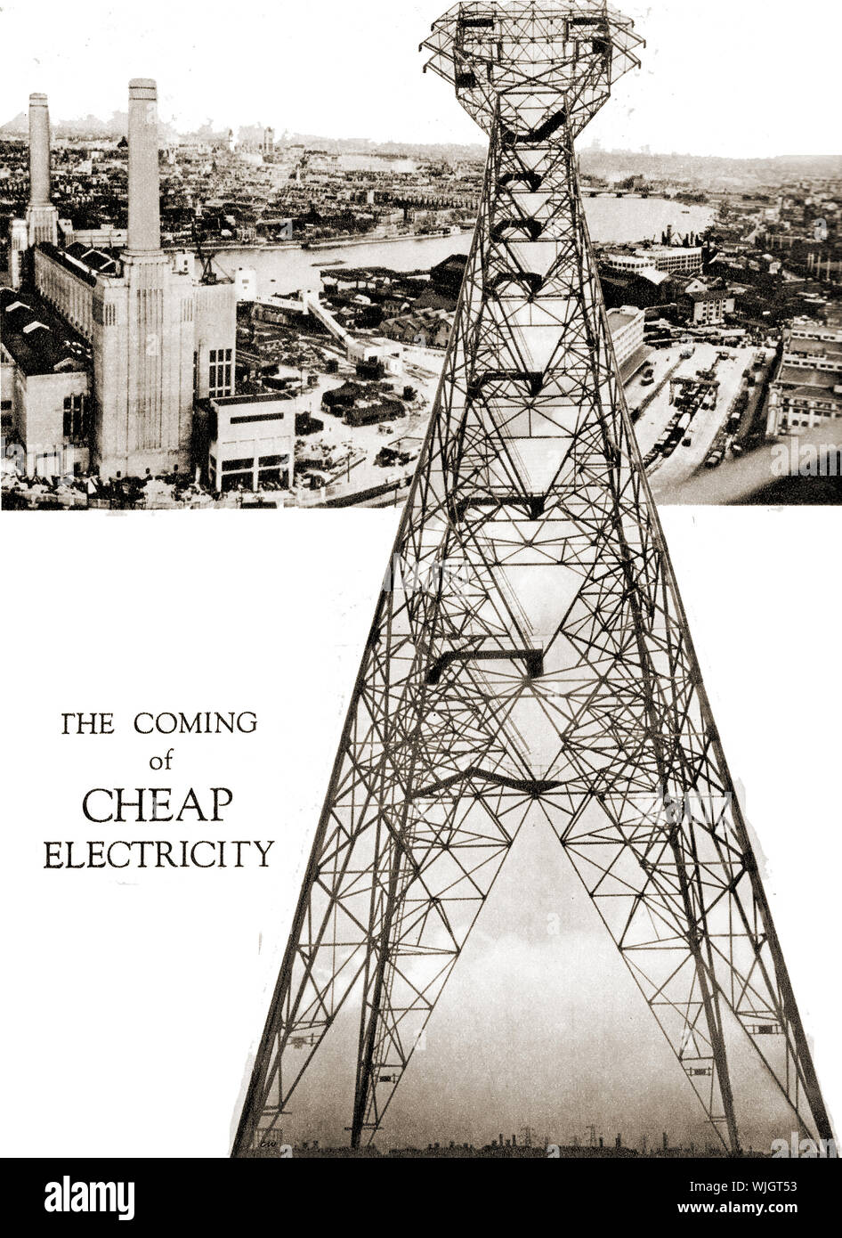 1934 Britain announced the coming of cheap electricity, This old magazine page shows a power station  ( The then newly constructed Battersea Power Station, London near the Thames)and an electricity pylon shortly  after the Government supported the  Electricity (Supply) Bill. Designer Leonard Pearce, architects  J Theo Halliday and Giles Gilbert Scott. Stock Photo
