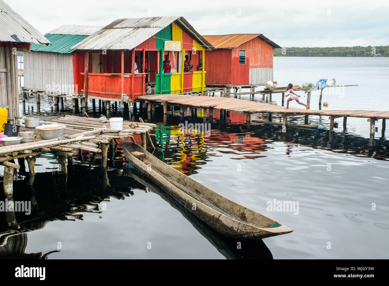Nzulezo stilt village overlooks Lake Amansuri in Ghana, West Africa