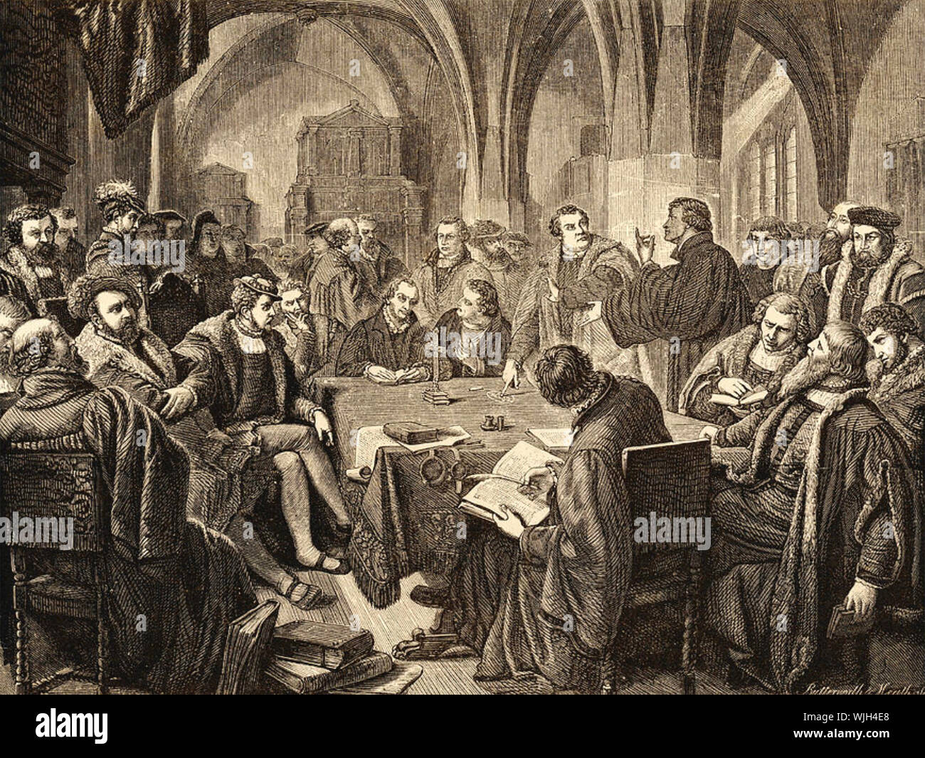 HULDRYCH ZWINGLI (at right) and MARTIN LUTHER at the Marburg Colloquy in 1529 Stock Photo