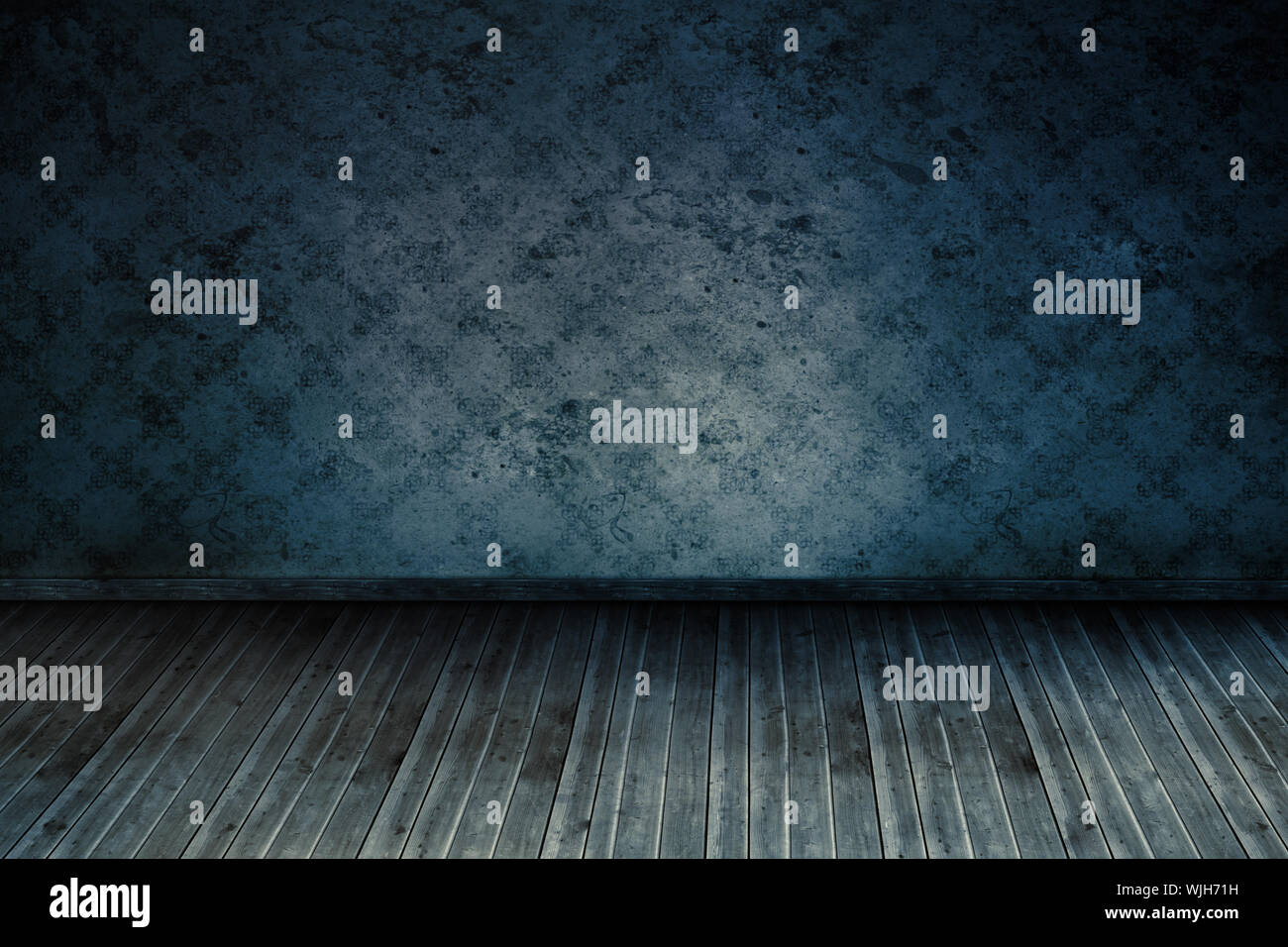 Dark blue room with wallpaper and floorboards Stock Photo - Alamy