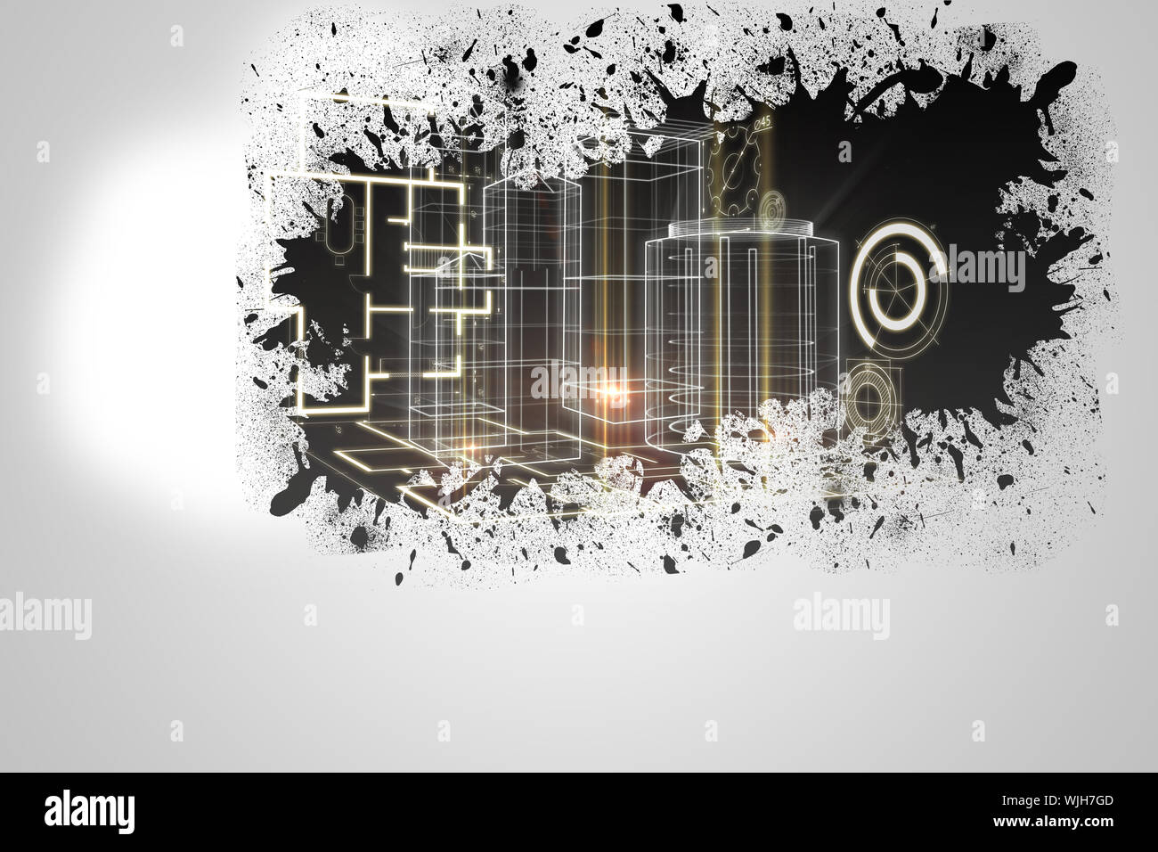 Splash on wall revealing technology interface Stock Photo