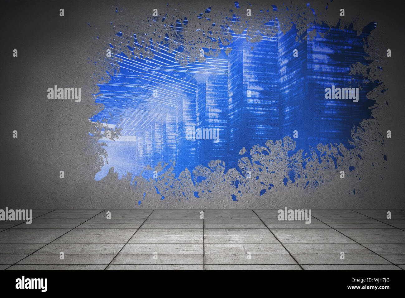 Splash on wall revealing technology interface Stock Photo