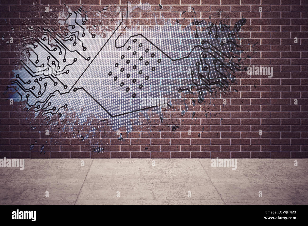 Splash on wall revealing circuit board Stock Photo
